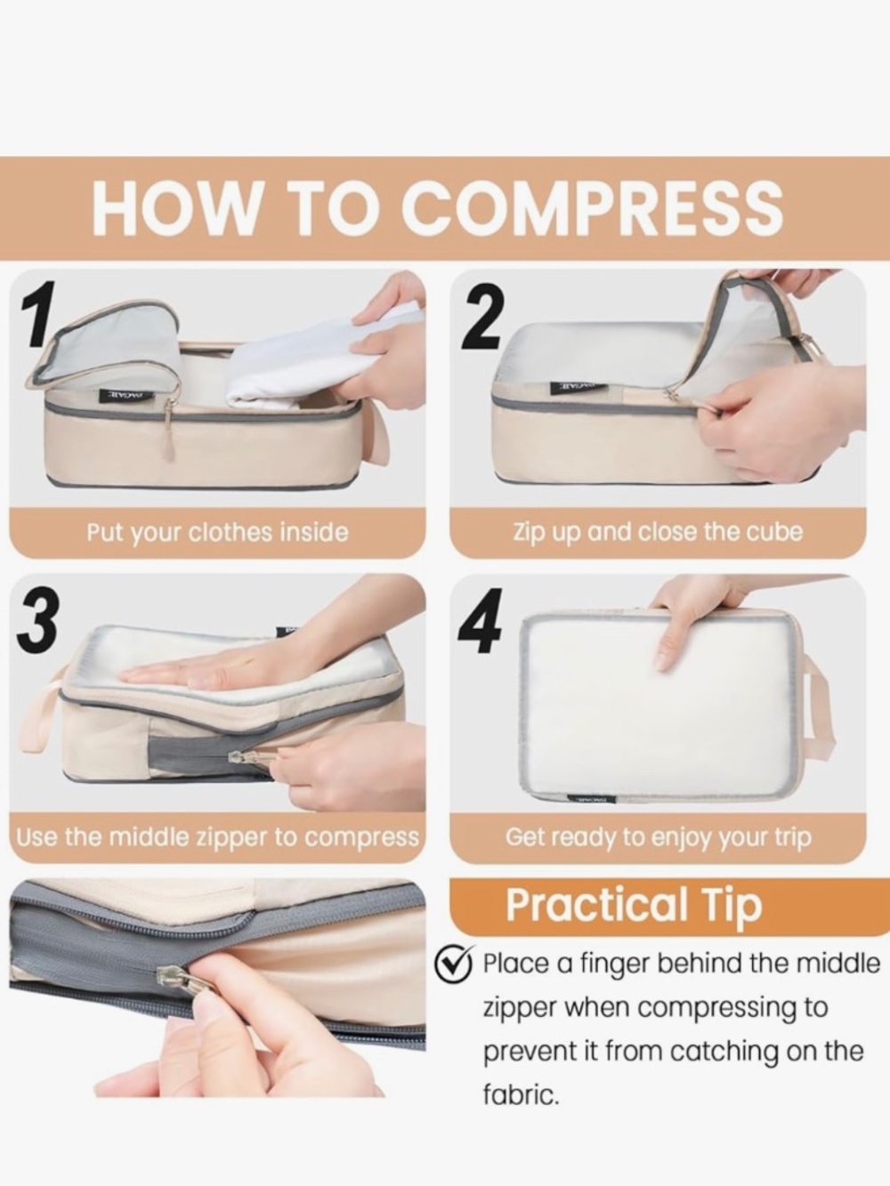6 Set Ultralight Compression Packing Cubes - Beige - Picture 5 of 10